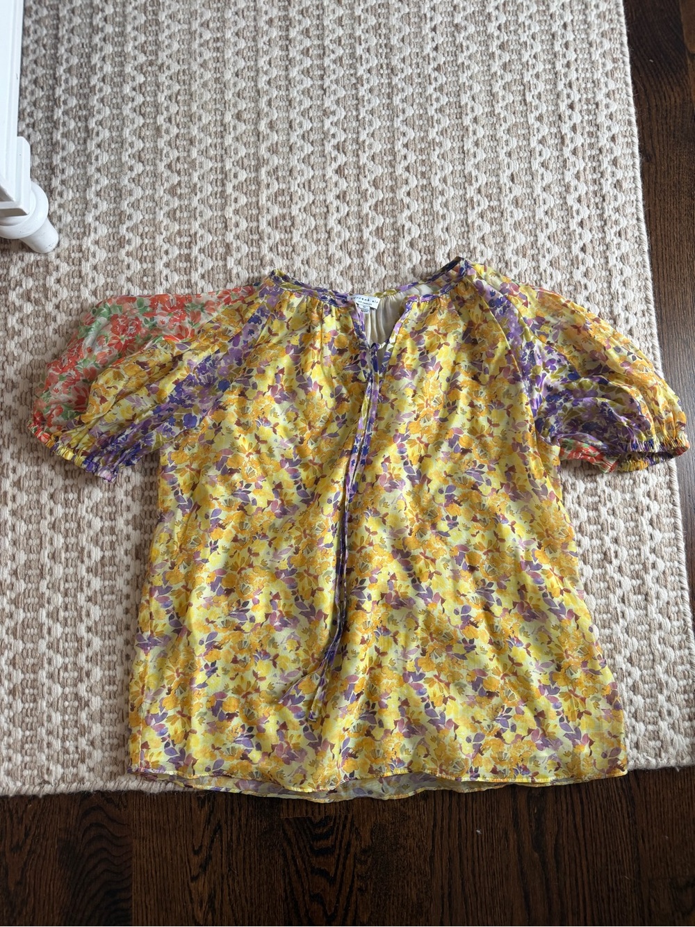 Current Air Yellow Floral Puff-Sleeve Tie-Front Blouse